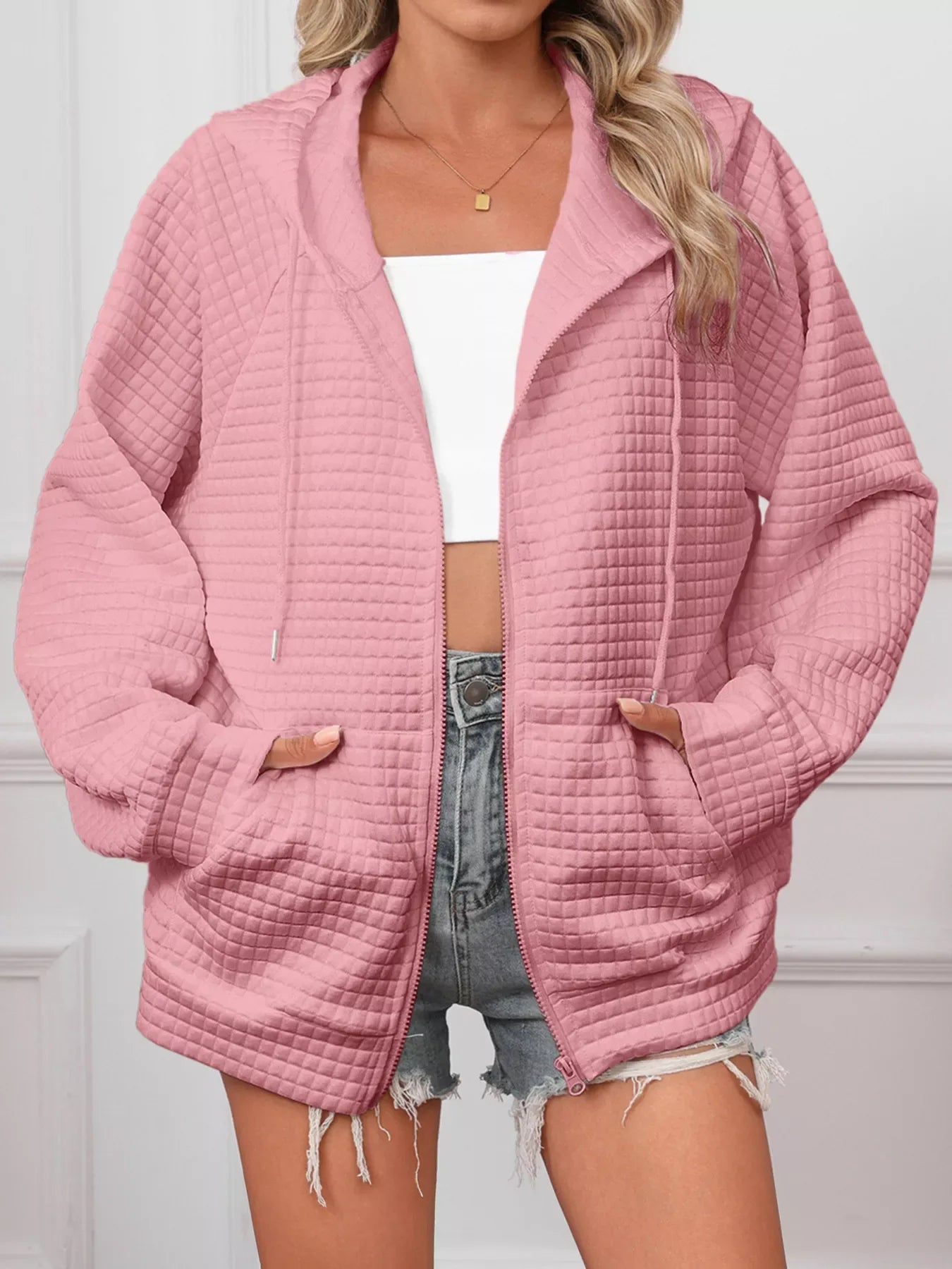 Full Size Textured Quilted Zip-Up Hooded Jacket Plus Size - CasaMontevia