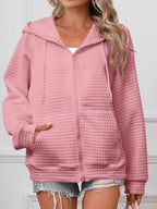 Full Size Textured Quilted Zip-Up Hooded Jacket Plus Size - CasaMontevia