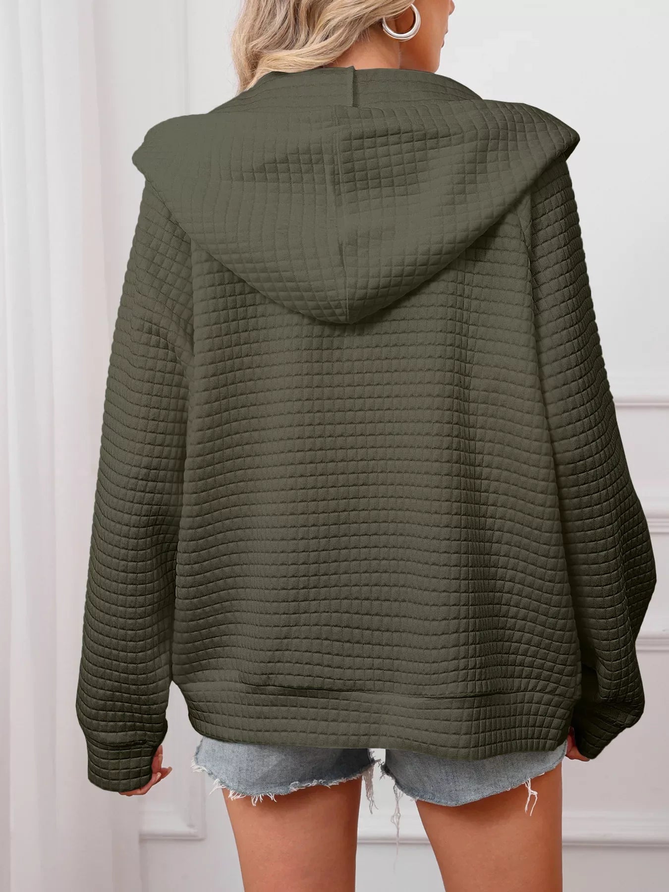 Full Size Textured Quilted Zip-Up Hooded Jacket Plus Size - CasaMontevia