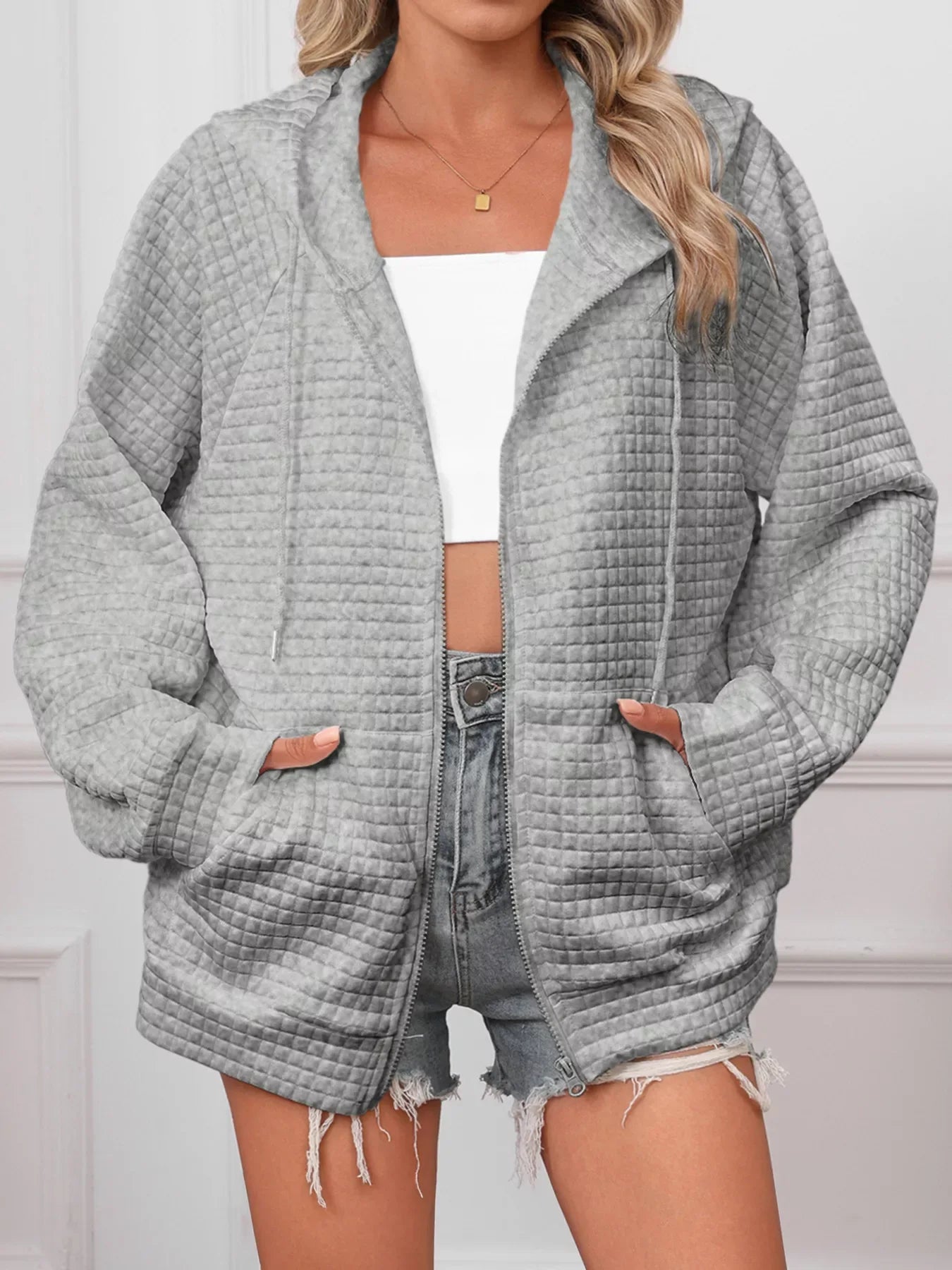 Full Size Textured Quilted Zip-Up Hooded Jacket Plus Size - CasaMontevia