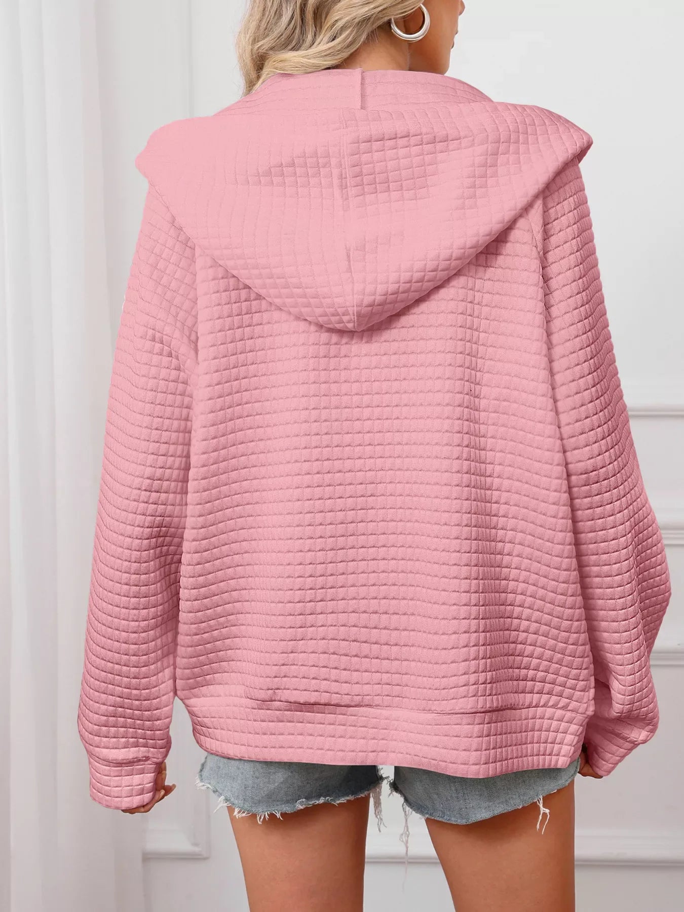 Full Size Textured Quilted Zip-Up Hooded Jacket Plus Size - CasaMontevia