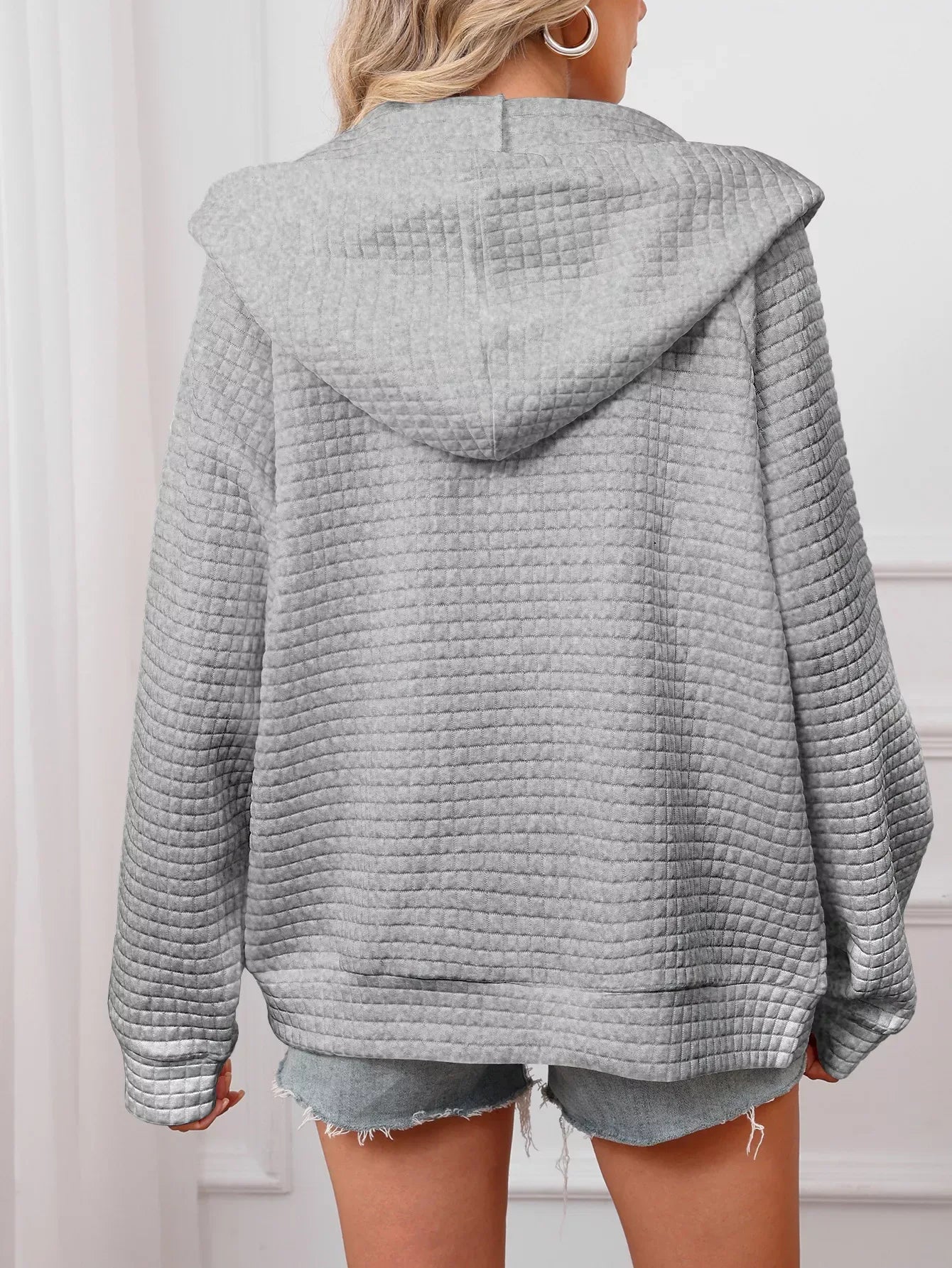 Full Size Textured Quilted Zip-Up Hooded Jacket Plus Size - CasaMontevia