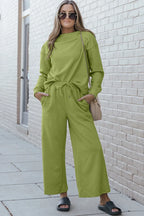 Double Take Full Size Textured Long Sleeve Top and Drawstring Pants Set - CasaMontevia