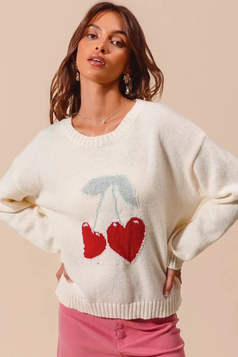 SO ME Heart Cherry Knitted Valentine Sweater Top - CasaMontevia