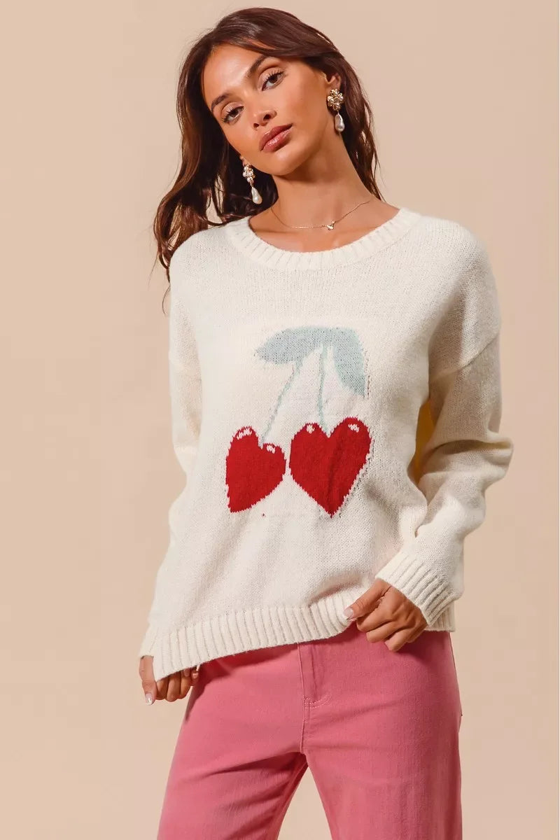 SO ME Heart Cherry Knitted Valentine Sweater Top - CasaMontevia