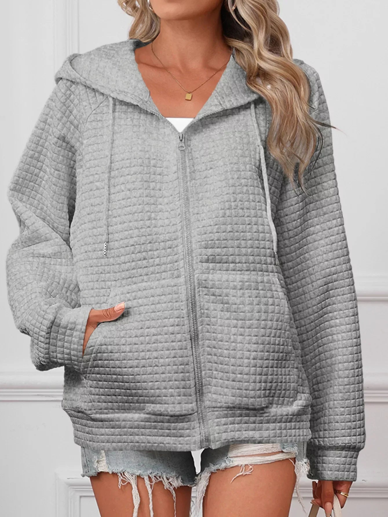 Full Size Textured Quilted Zip-Up Hooded Jacket Plus Size - CasaMontevia