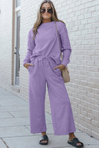 Double Take Full Size Textured Long Sleeve Top and Drawstring Pants Set - CasaMontevia