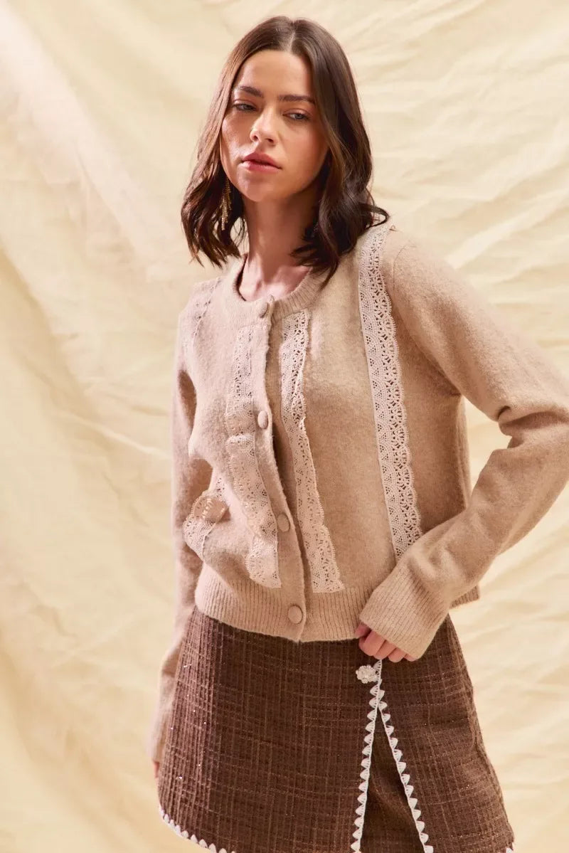 SO ME Front Lace Trim Button Cardigan Sweater - CasaMontevia