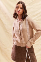 SO ME Front Lace Trim Button Cardigan Sweater - CasaMontevia
