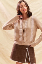SO ME Front Lace Trim Button Cardigan Sweater - CasaMontevia