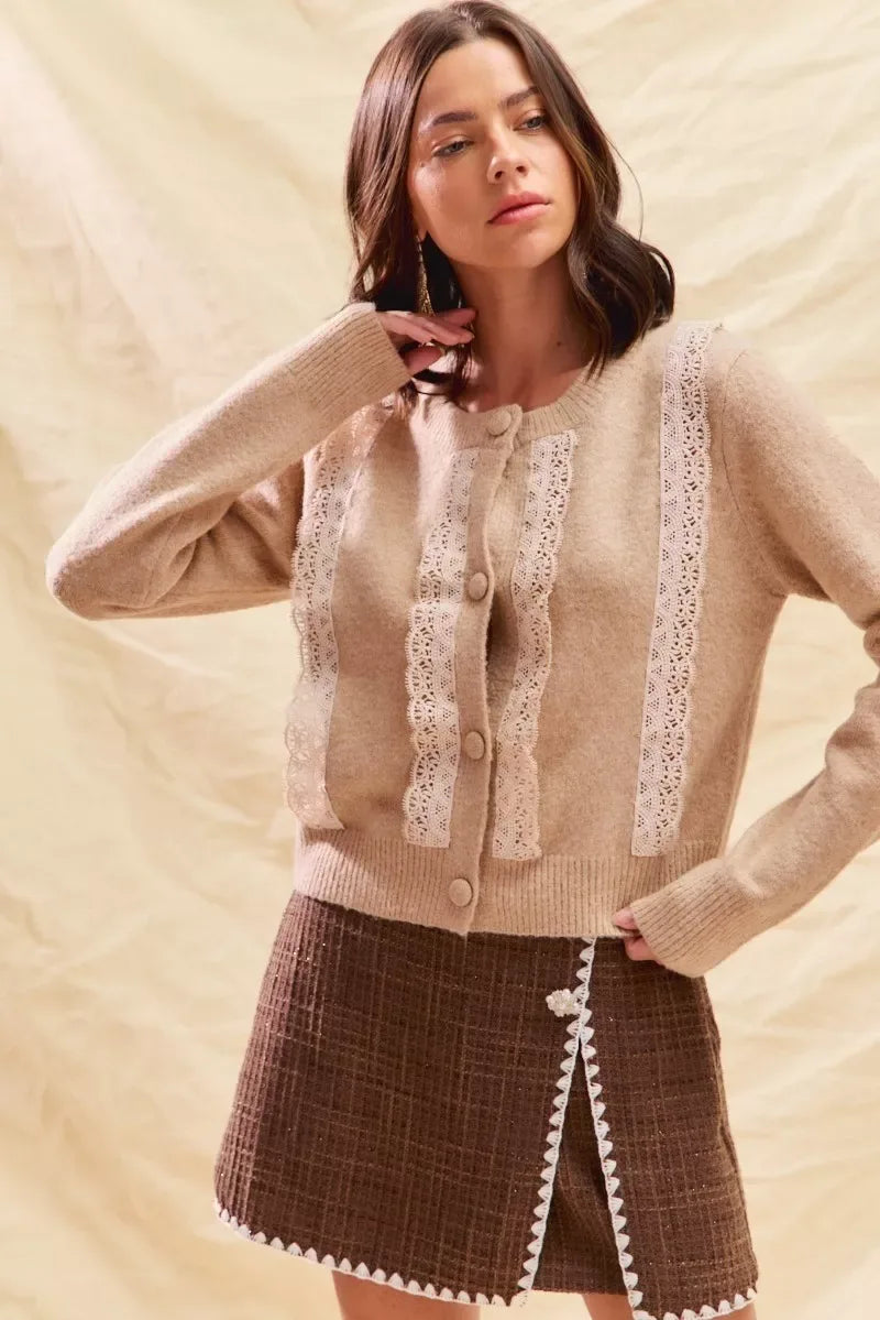 SO ME Front Lace Trim Button Cardigan Sweater - CasaMontevia