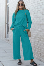 Double Take Full Size Textured Long Sleeve Top and Drawstring Pants Set - CasaMontevia