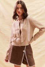 SO ME Front Lace Trim Button Cardigan Sweater - CasaMontevia