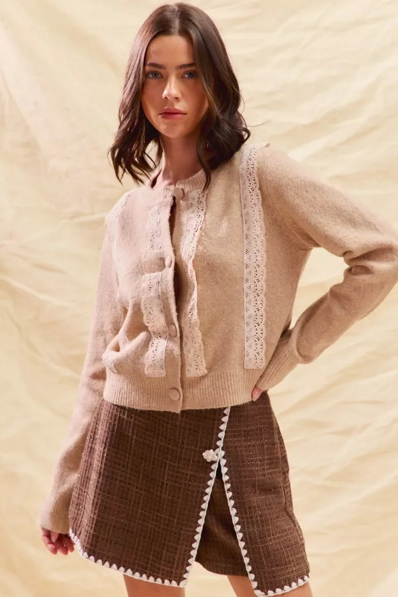SO ME Front Lace Trim Button Cardigan Sweater - CasaMontevia