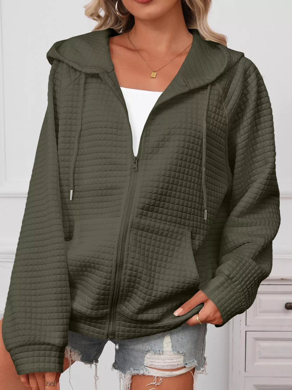 Full Size Textured Quilted Zip-Up Hooded Jacket Plus Size - CasaMontevia
