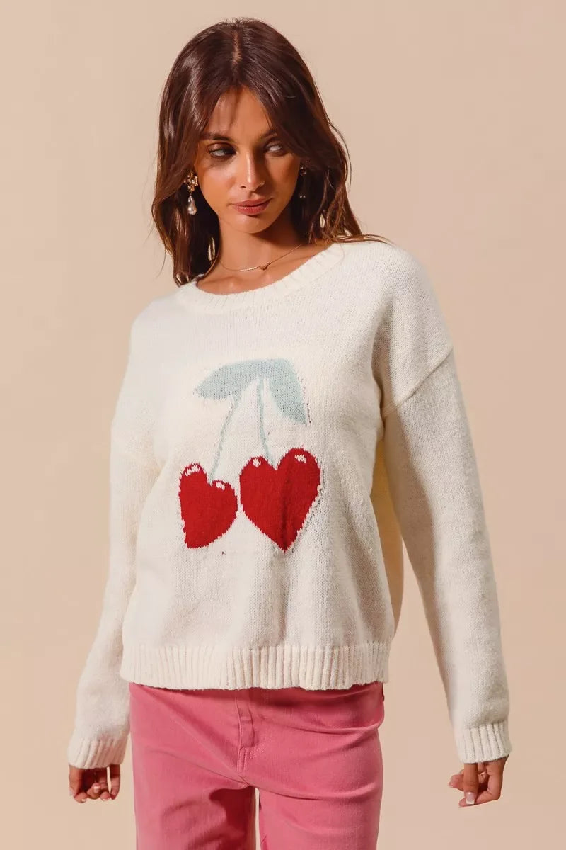 SO ME Heart Cherry Knitted Valentine Sweater Top - CasaMontevia