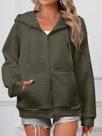 Full Size Textured Quilted Zip-Up Hooded Jacket Plus Size - CasaMontevia