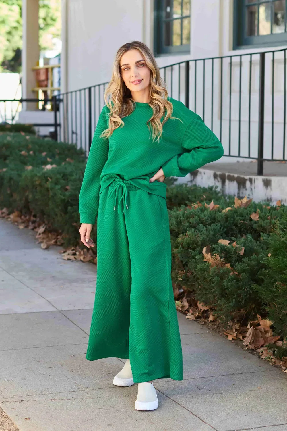 Double Take Full Size Textured Long Sleeve Top and Drawstring Pants Set - CasaMontevia