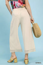 Umgee Linen Wide Leg Cropped Pants with Lace Trim - CasaMontevia