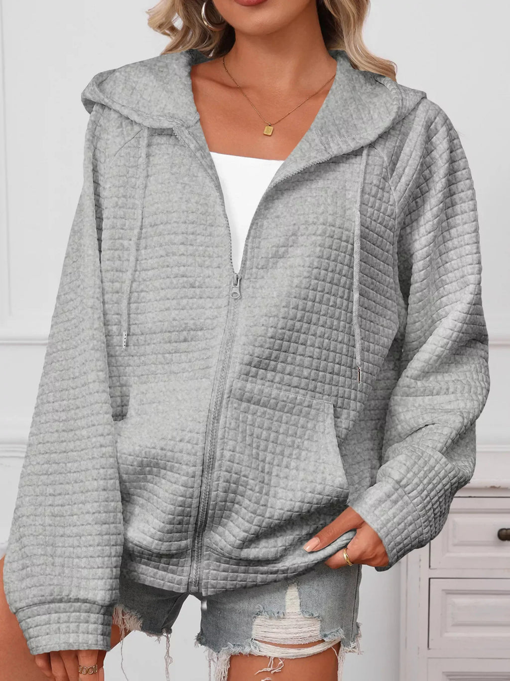 Full Size Textured Quilted Zip-Up Hooded Jacket Plus Size - CasaMontevia