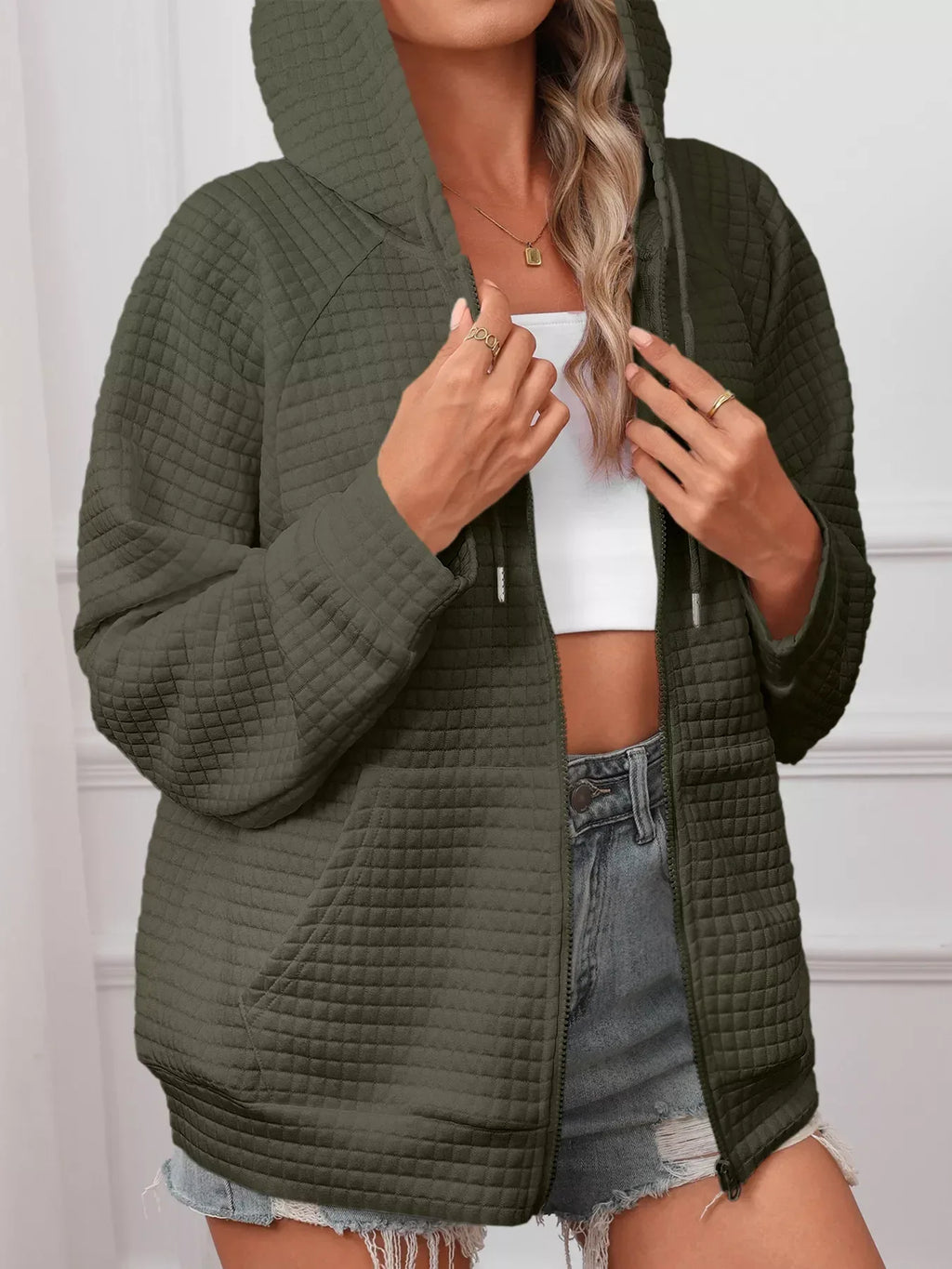 Full Size Textured Quilted Zip-Up Hooded Jacket Plus Size - CasaMontevia