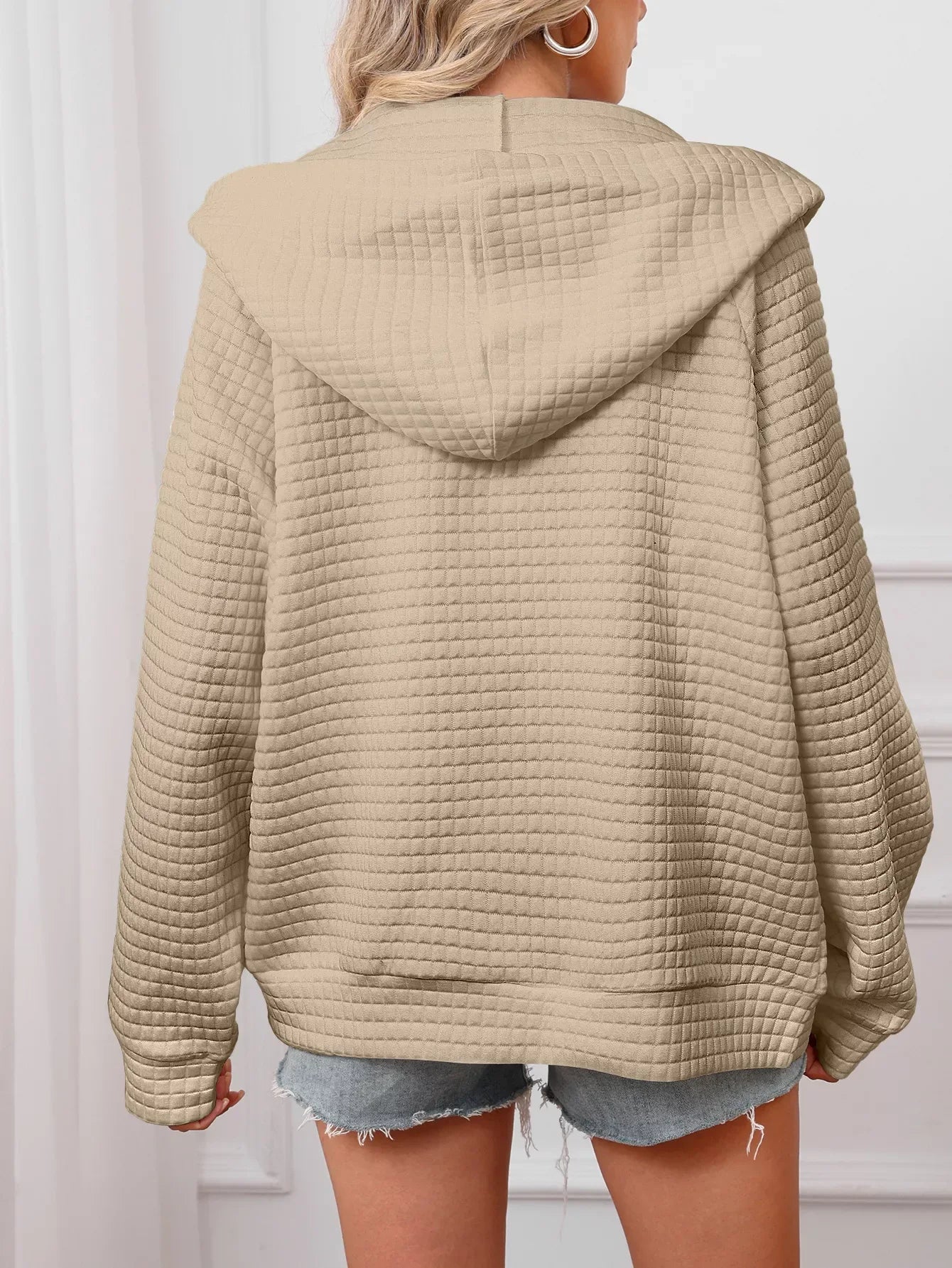 Full Size Textured Quilted Zip-Up Hooded Jacket Plus Size - CasaMontevia