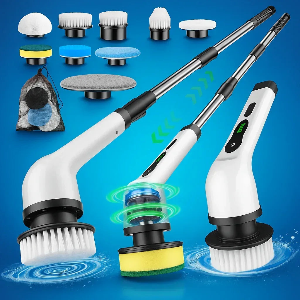 9-in-1 Electric Rechargeable Spin Scrubber Cleaning Brush with Extension Handle - CasaMontevia