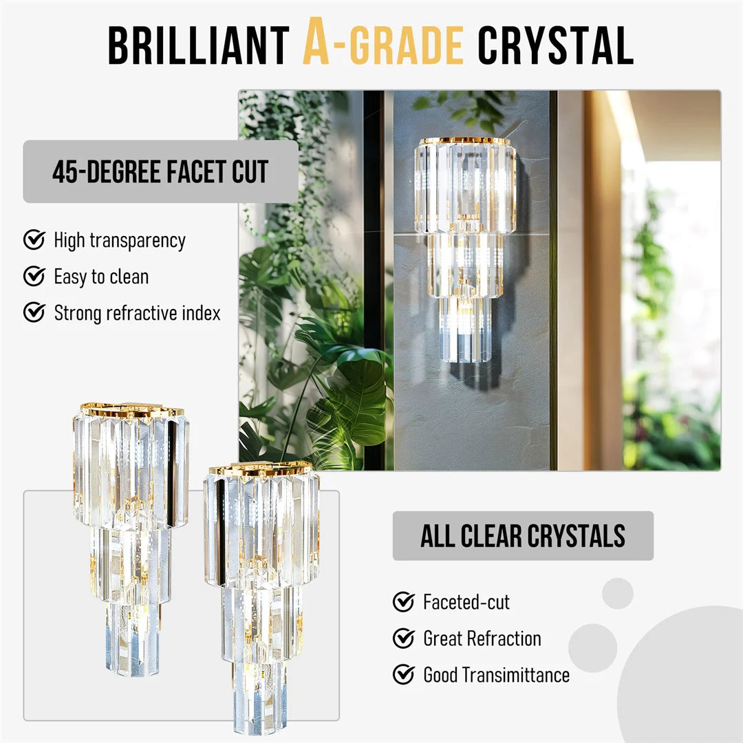 LUVODI Modern Crystal Wall Lamp 3-Layer Wall Crystal Sconce Light E14 Led Corn Lights