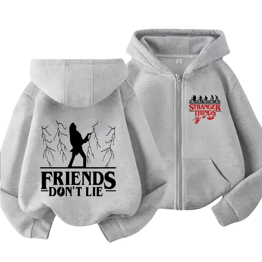Kids Adults Stranger Things "Friends Don't Lie" Graphic Zip-Up Hoodie for Casual Wear Unique Design for Family Matching Outfits - CasaMontevia