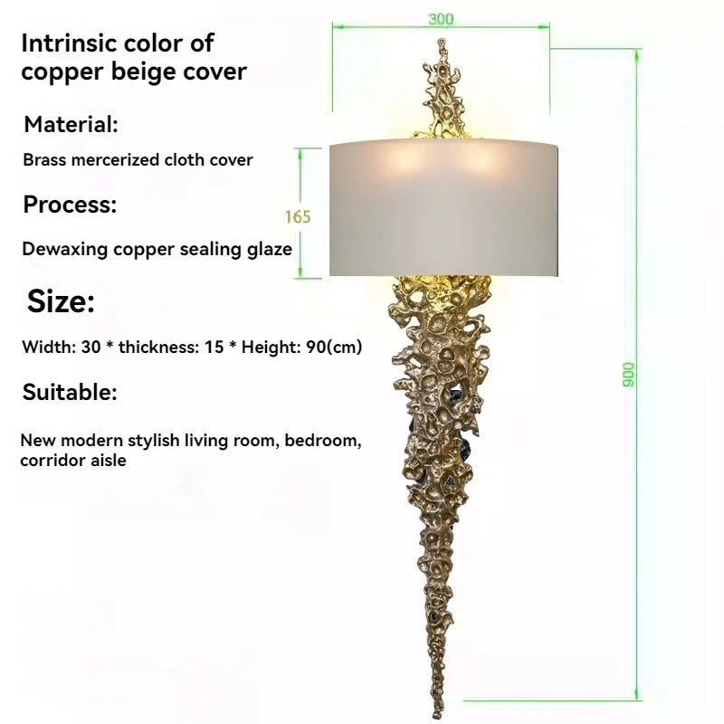 Long Brass Wall Lamp With Mercerized Cloth Cover For Bedroom Living Room Corridor Aisle Postmodern Copper Wall Sconce