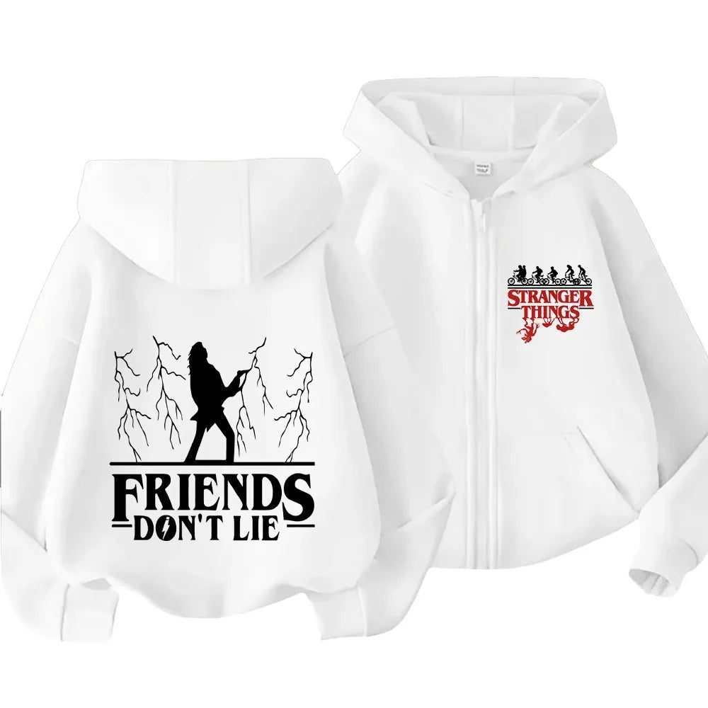 Kids Adults Stranger Things "Friends Don't Lie" Graphic Zip-Up Hoodie for Casual Wear Unique Design for Family Matching Outfits - CasaMontevia