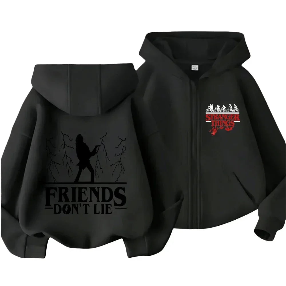 Kids Adults Stranger Things "Friends Don't Lie" Graphic Zip-Up Hoodie for Casual Wear Unique Design for Family Matching Outfits - CasaMontevia