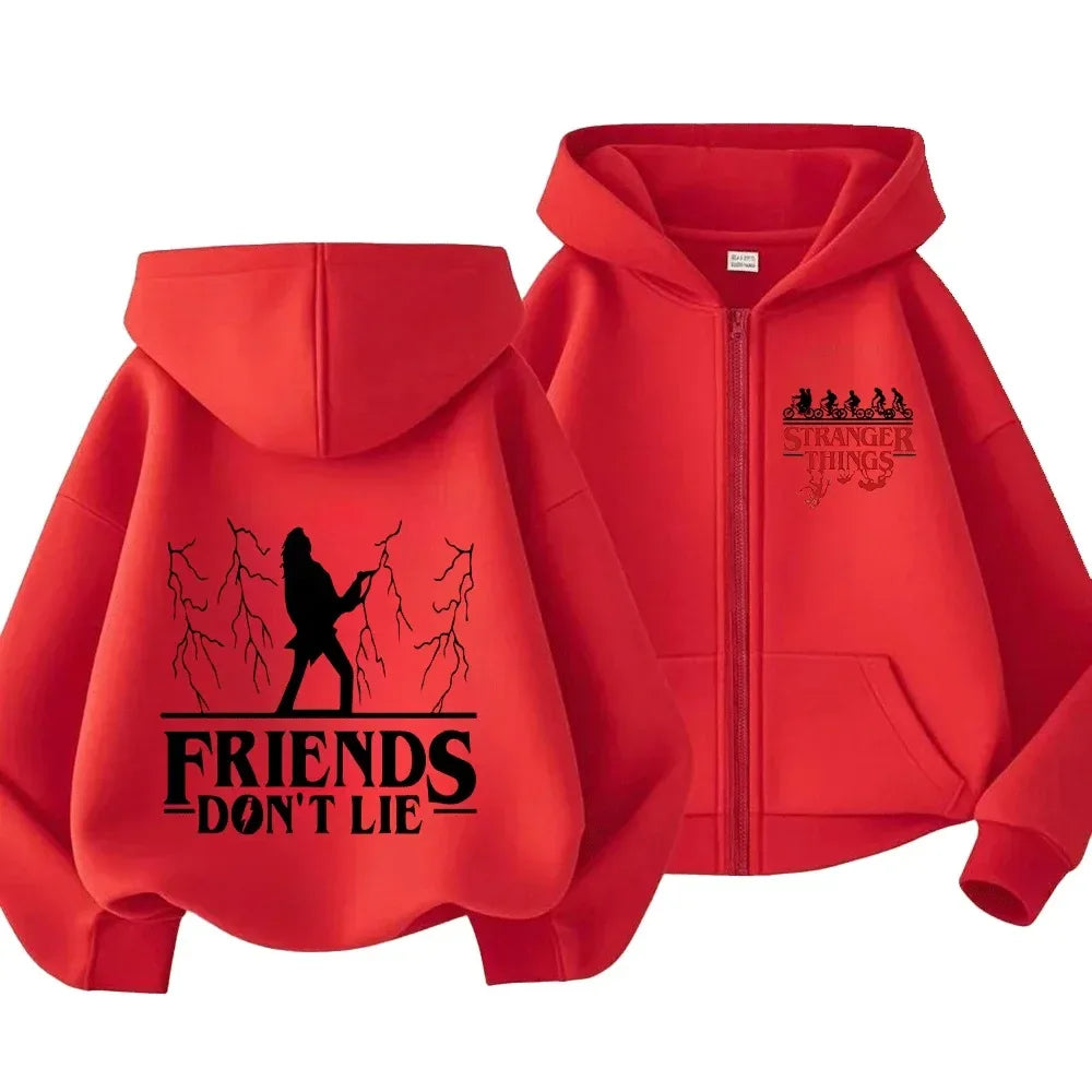 Kids Adults Stranger Things "Friends Don't Lie" Graphic Zip-Up Hoodie for Casual Wear Unique Design for Family Matching Outfits - CasaMontevia