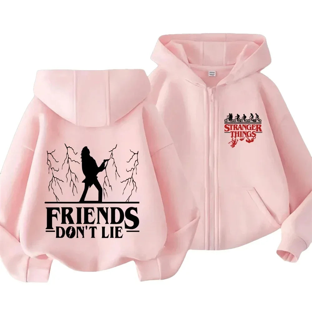 Kids Adults Stranger Things "Friends Don't Lie" Graphic Zip-Up Hoodie for Casual Wear Unique Design for Family Matching Outfits - CasaMontevia