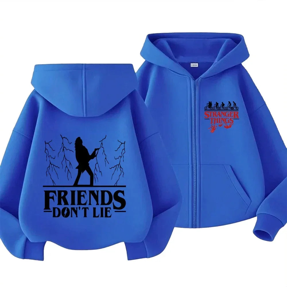 Kids Adults Stranger Things "Friends Don't Lie" Graphic Zip-Up Hoodie for Casual Wear Unique Design for Family Matching Outfits - CasaMontevia