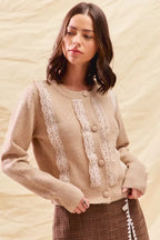 SO ME Front Lace Trim Button Cardigan Sweater - CasaMontevia