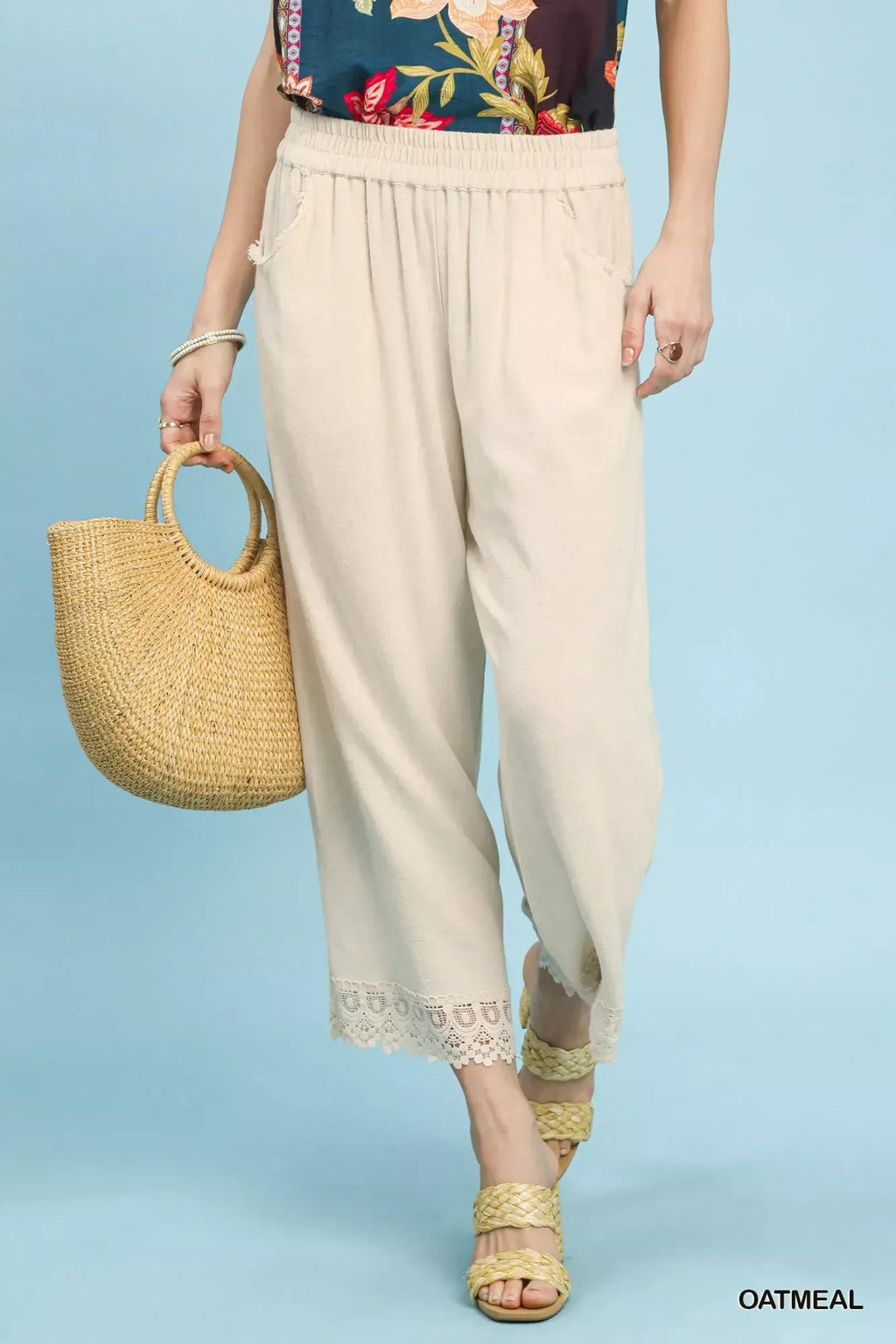 Umgee Linen Wide Leg Cropped Pants with Lace Trim - CasaMontevia