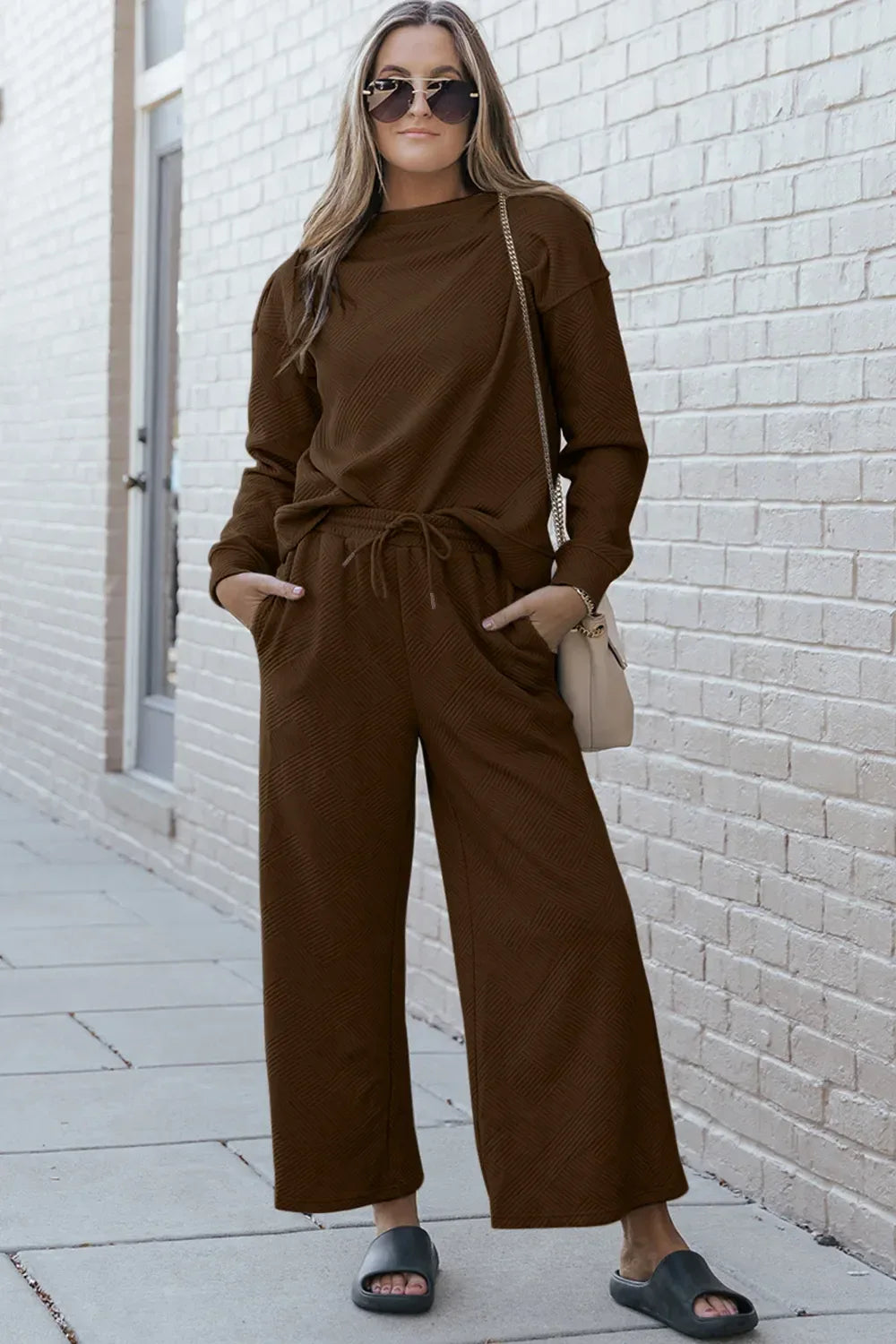 Double Take Full Size Textured Long Sleeve Top and Drawstring Pants Set - CasaMontevia