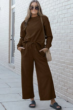 Double Take Full Size Textured Long Sleeve Top and Drawstring Pants Set - CasaMontevia