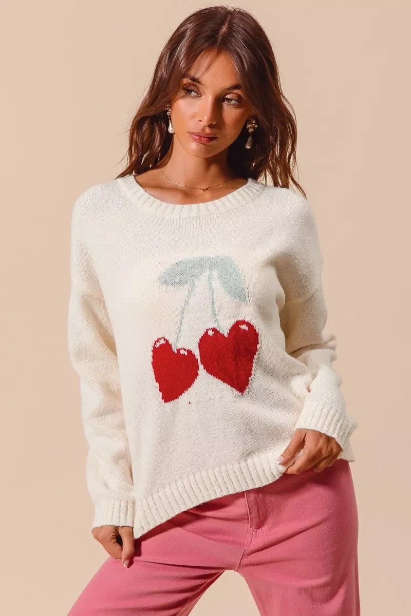SO ME Heart Cherry Knitted Valentine Sweater Top - CasaMontevia