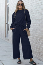 Double Take Full Size Textured Long Sleeve Top and Drawstring Pants Set - CasaMontevia