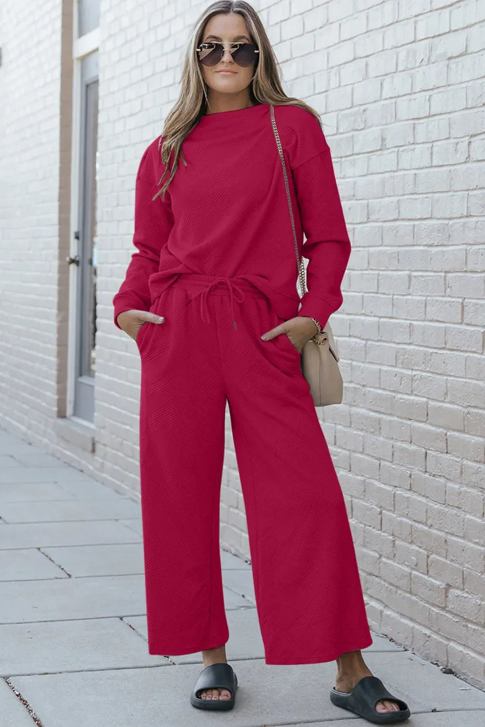 Double Take Full Size Textured Long Sleeve Top and Drawstring Pants Set - CasaMontevia