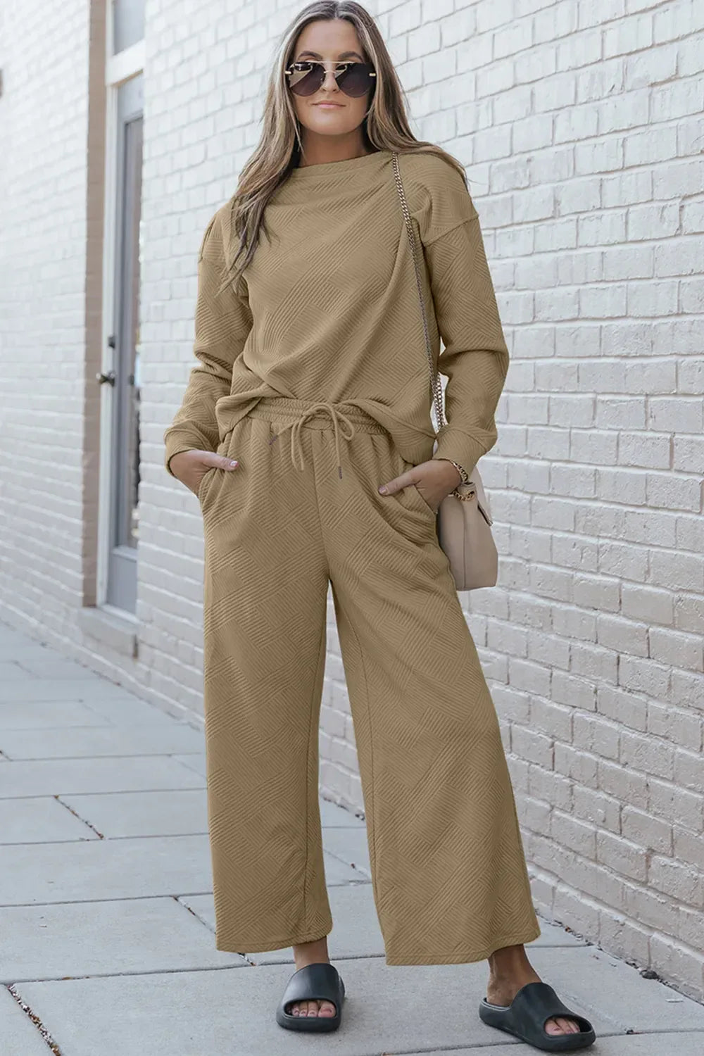 Double Take Full Size Textured Long Sleeve Top and Drawstring Pants Set - CasaMontevia