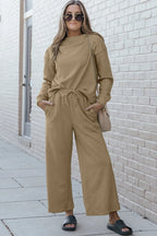 Double Take Full Size Textured Long Sleeve Top and Drawstring Pants Set - CasaMontevia