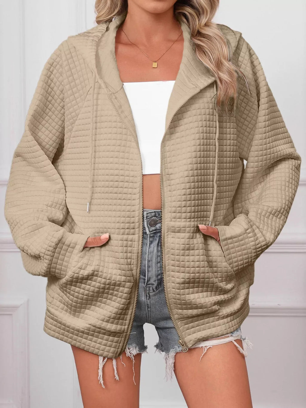 Full Size Textured Quilted Zip-Up Hooded Jacket Plus Size - CasaMontevia