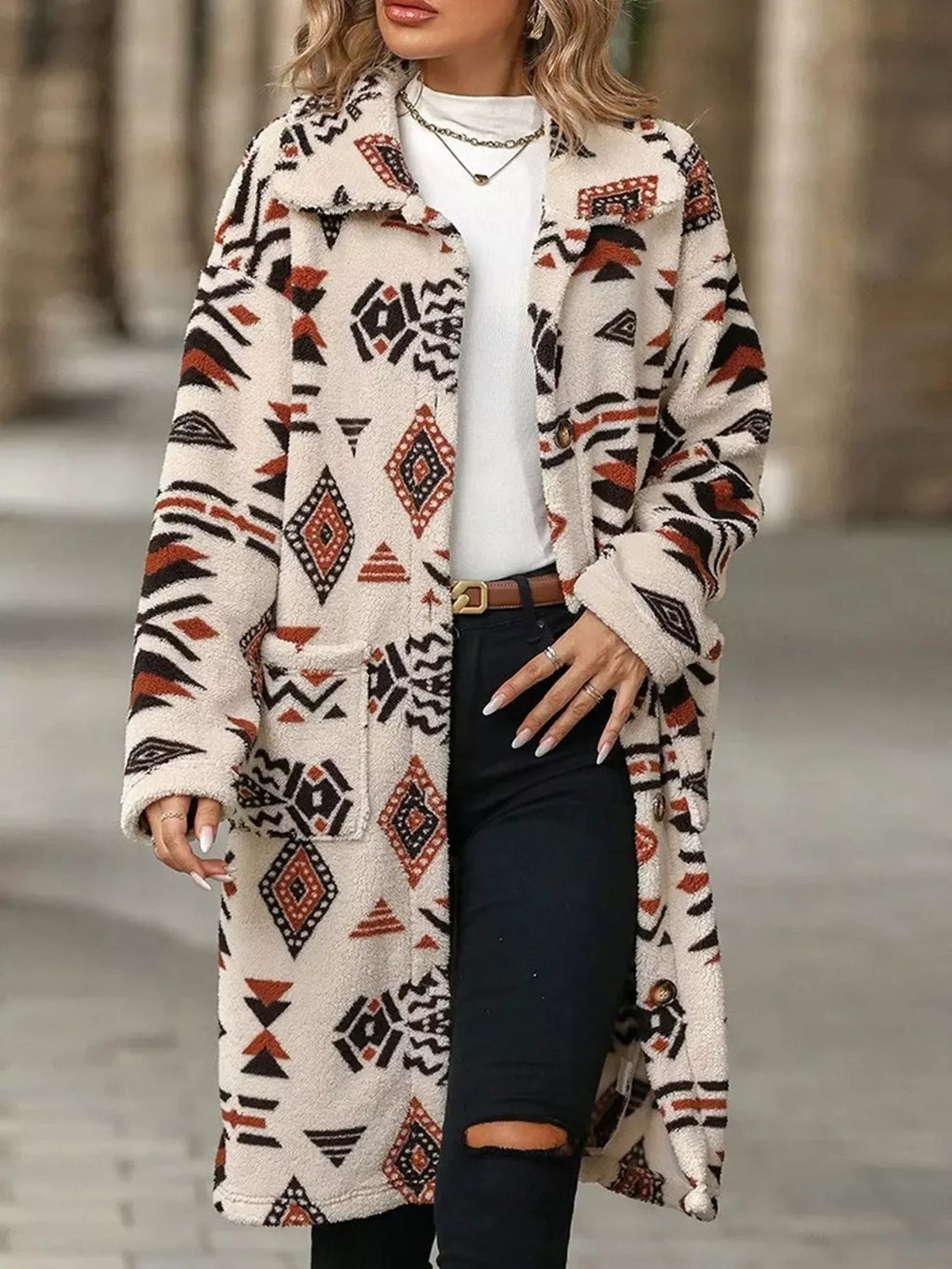 Geometric Button Up Longline Coat - CasaMontevia