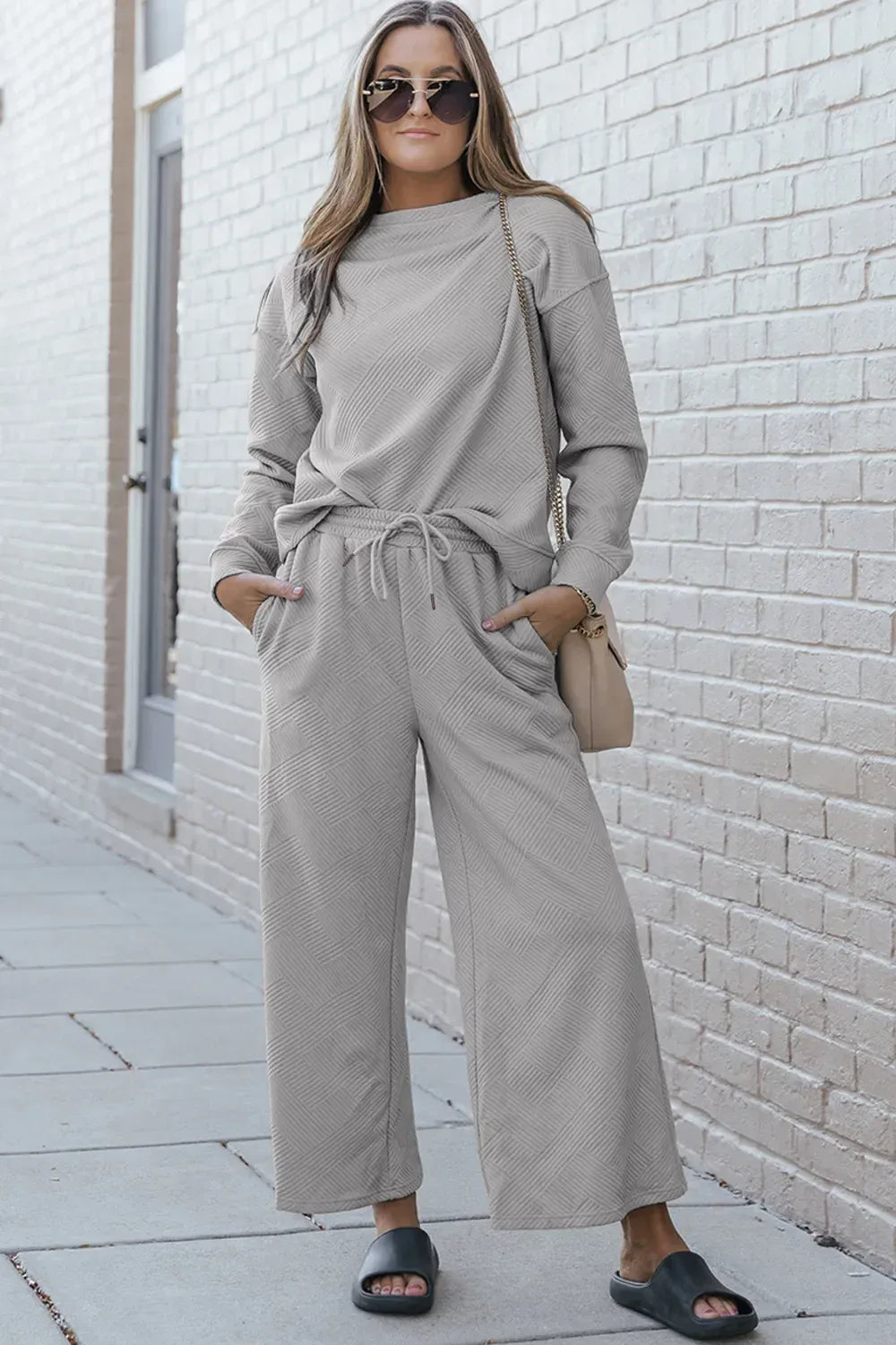 Double Take Full Size Textured Long Sleeve Top and Drawstring Pants Set - CasaMontevia