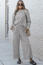 Double Take Full Size Textured Long Sleeve Top and Drawstring Pants Set - CasaMontevia
