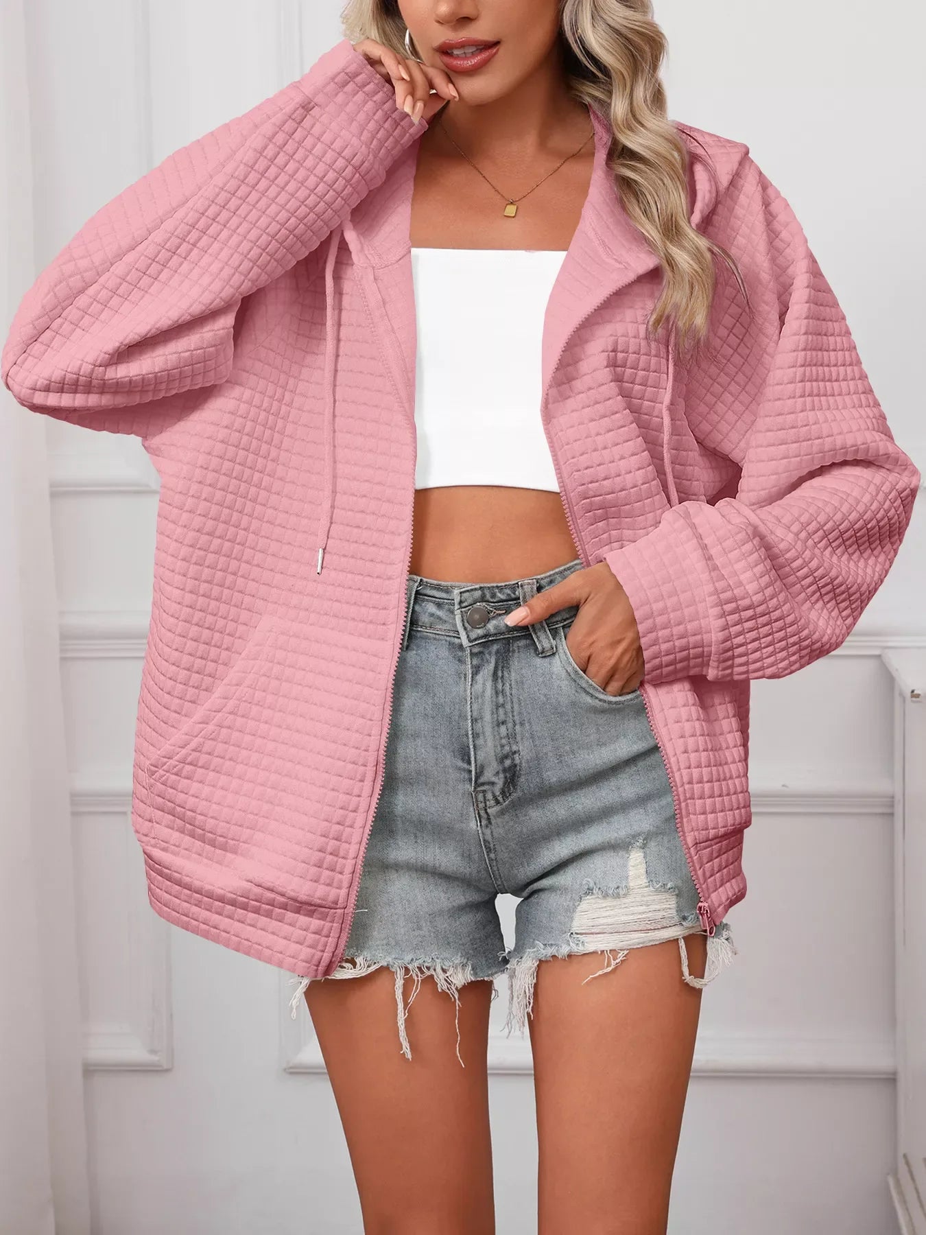 Full Size Textured Quilted Zip-Up Hooded Jacket Plus Size - CasaMontevia