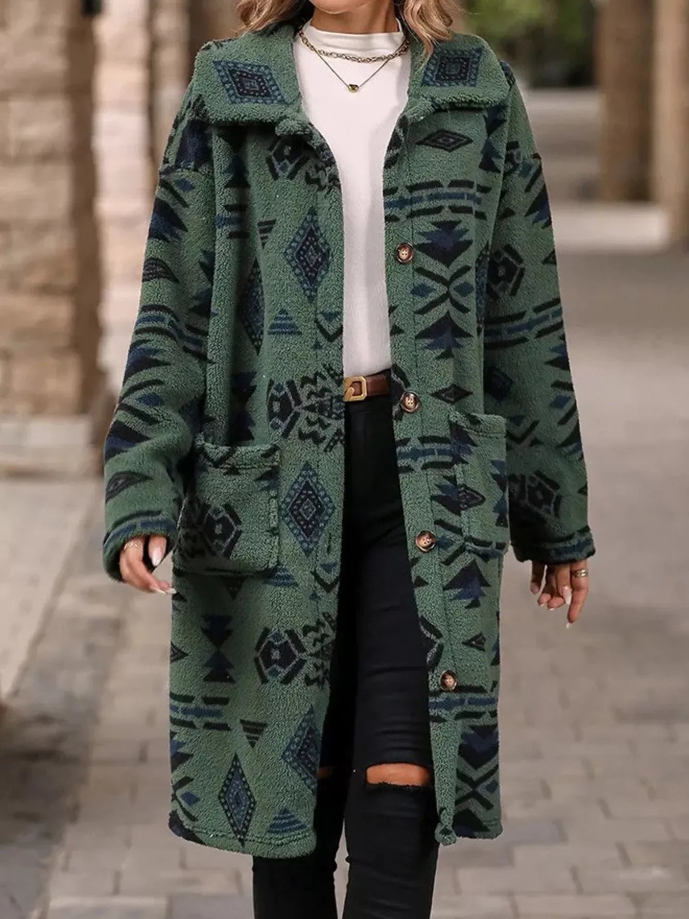 Geometric Button Up Longline Coat - CasaMontevia